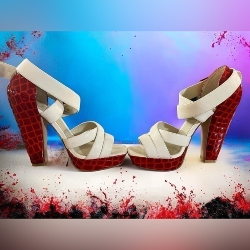 Velvet Angels “Naughty” Leather Cross Ankle platform peep toe heels Sz 7
